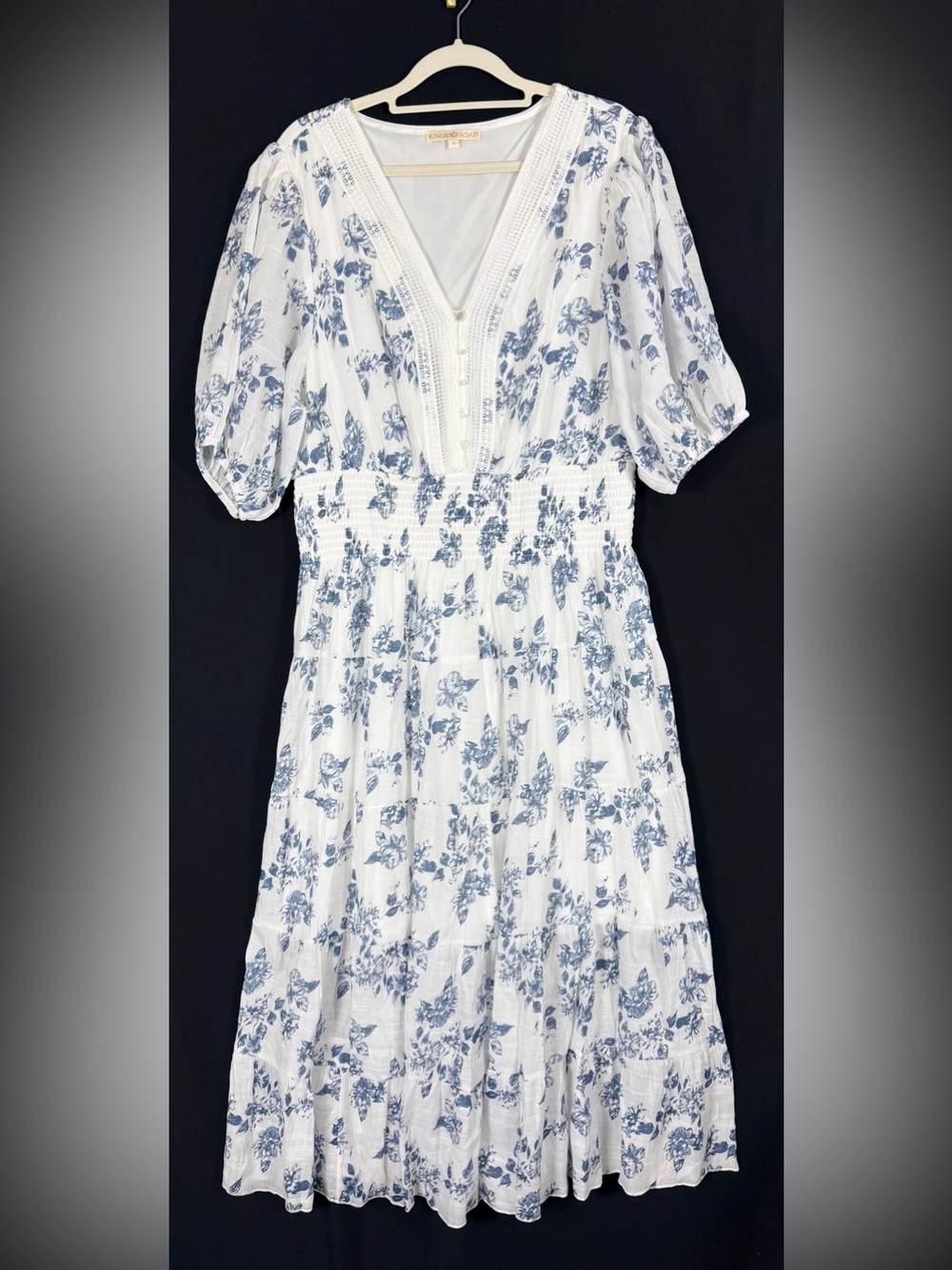 Kings Road Maxi Dress White with Blue Floral Print and Smocked Waist V-Neck